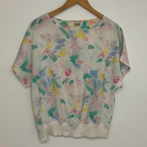 Vintage 1980 Short Sleeve Round Neck Geometric Pullover Top Size M White - Picture 1 of 5